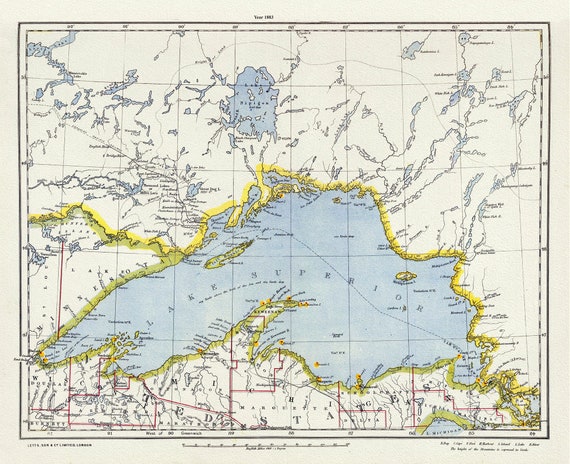 North Shore Lake Superior Map Letts North Shore Lake Superior Canada1883 Map On Heavy Etsy India