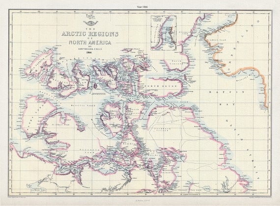 Arctic Regions of North America, 1866, Weller auth. , map on durable cotton canvas, 50 x 70 cm, 20 x 25" approx.