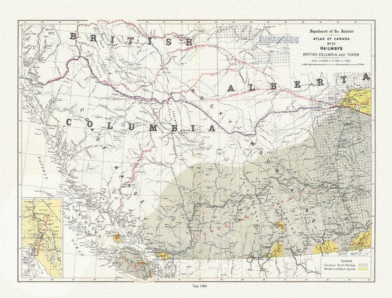 British Columbia and Yukon, Railways, 1906 , map on durable cotton canvas, 50 x 70 cm, 20 x 25" approx.