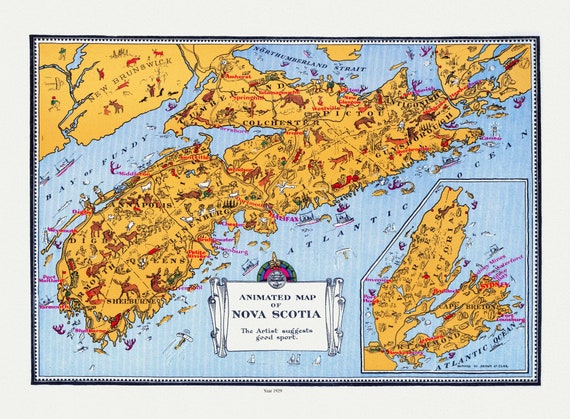 An Animated Map of Nova Scotia, 1929, on heavy cotton canvas, 22x27" approx.