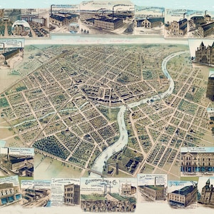 Bird's eye view of Chatham, Ontario, 1870, map on heavy cotton canvas, 22x27" approx.