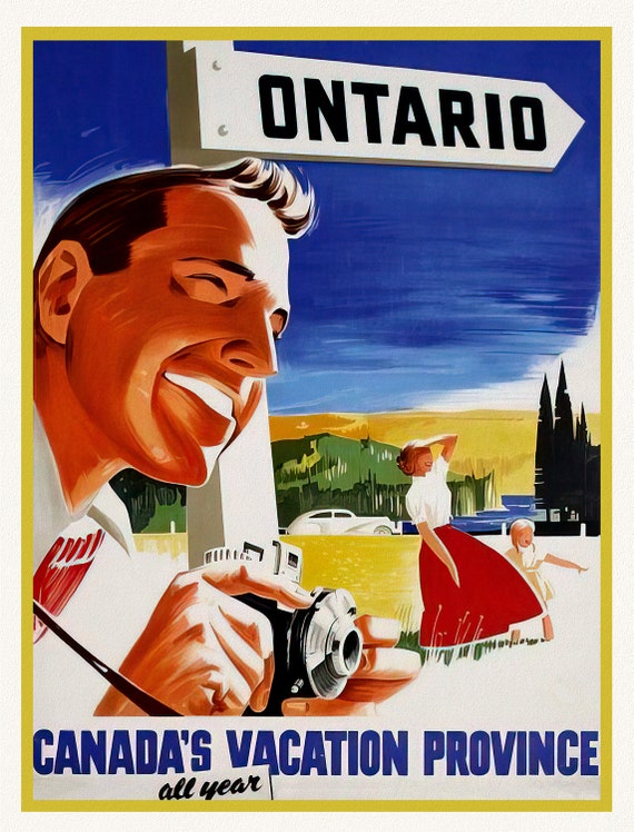 Ontario, Canada's Vacation Province , vintage poster on heavy cotton canvas, 45 x 65 cm, 18 x 24" approx.