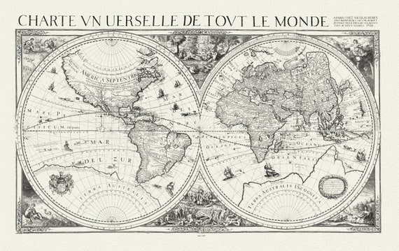 Berey, Un Charte universelle de tout le monde, 1650, Map on heavy cotton canvas, 22x27in. approx.