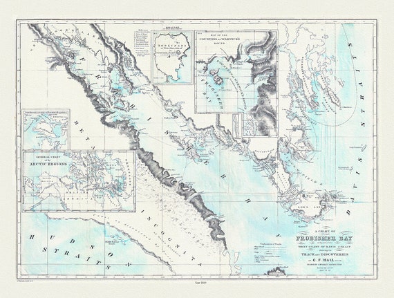 Track of Discoveries, Frobisher and Baffin areas, Hall auth., 1865 , map on heavy cotton canvas, 50 x 70 cm, 20 x 25" approx.