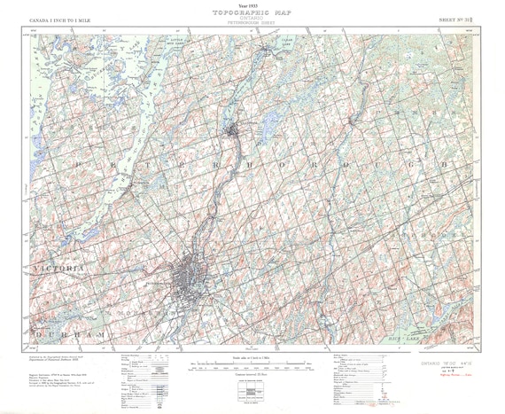 Peterborough, Ont. Topographic Map sheet 031D08, 1933 , map on durable cotton canvas, 50 x 70 cm, 20 x 25" approx.