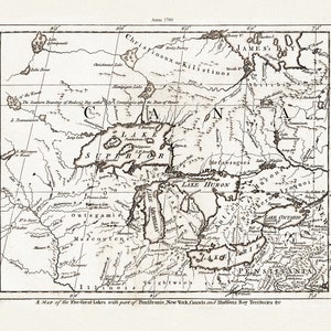 Una mappa dei Cinque Grandi Laghi con parte di Pensilvania, New York, Canada, e Hudsons Bay Territories & c., 1780, su tela di cotone, 22x27"