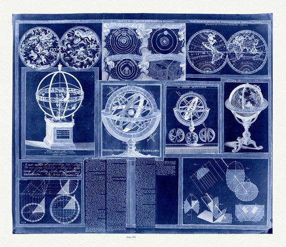 Ferguson, A Collection of nine images including astronomical instruments, celestial charts, and a world map, cyanotype, 1769, canvas, 22x27"