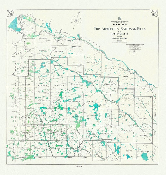 Historic Algonquin Park Map, 1914, map on heavy cotton canvas, 20x27" approx