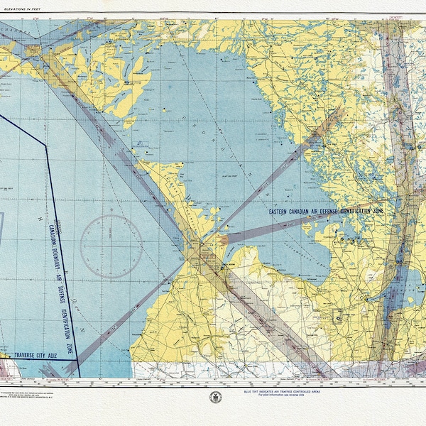 Aeronautical Chart, Ontario, Lake Huron Section, 1952 , kaart op zwaar katoenen doek, 20 x 27" ca.