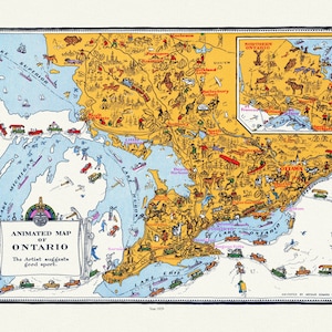 An Animated Map of Ontario, 1929, On heavy Cotton Canvas, 22x27" approx.