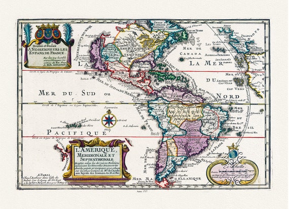 Fer, L'Amerique, Meridionale et Septentrionale, 1717 ,Map on heavy cotton canvas, 22x27in. approx.