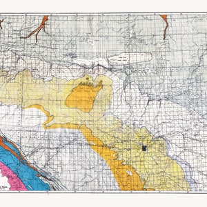 Geological Map, Centre de l’Alberta, 1934, carte sur toile de coton lourd, 22x27 » environ.