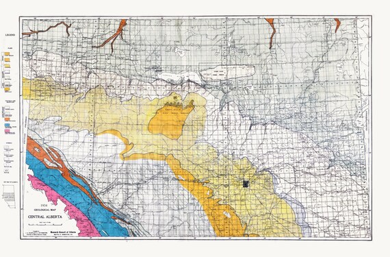 Geological Map, Central Alberta, 1934, , map on heavy cotton canvas, 22x27" approx.