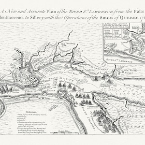 Plan of the river St. Laurence, the falls of Montmorency to Sillery., with the siege of Quebec, 1763, map on cotton canvas, 20x27" approx