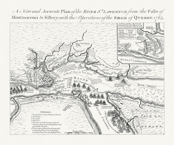 Plan of the river St. Laurence, the falls of Montmorency to Sillery., with the siege of Quebec, 1763, map on cotton canvas, 20x27" approx