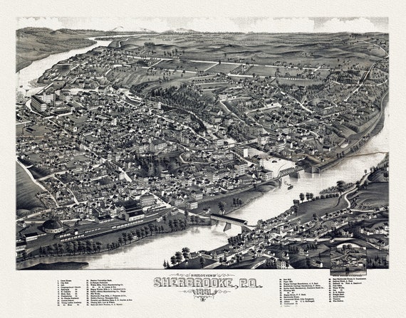 Quebec: Bird's eye view of Sherbrooke, P.Q., 1881 , map on heavy cotton canvas, 22x27" approx.