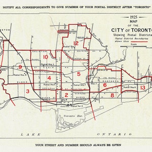 A Map of the City of Toronto Showing Postal Districts, 1925, Karte auf schwerer Baumwollleinwand, ca.