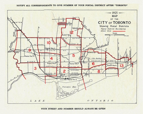 A Map of the City of Toronto Showing Postal Districts, 1925, map on heavy cotton canvas, 22x27" approx.