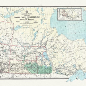 General map of part of the North-West Territories including the province of Manitoba shewing Dominion land surveys to 1882, 20 x 25" approx.