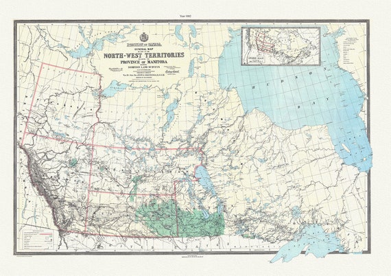 General map of part of the North-West Territories including the province of Manitoba shewing Dominion land surveys to 1882, 20 x 25" approx.