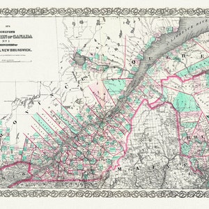 Quebec & New Brunswick, 1874, Colton auth., map on durable cotton canvas, 50 x 70 cm, 20 x 25" approx.
