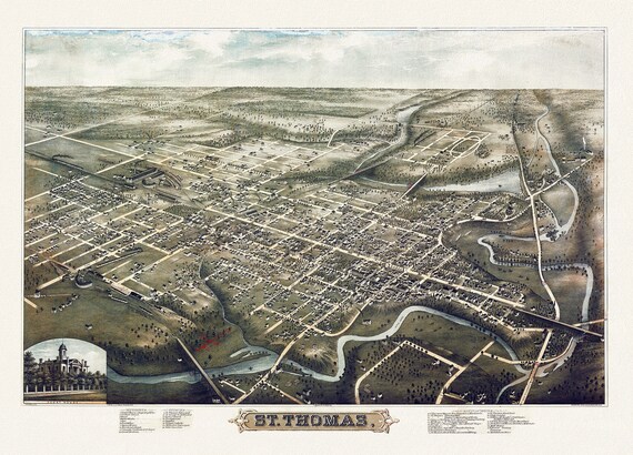 A Birds eye View of St. Thomas, Ontario, 1896, on heavy cotton canvas, 22x27" approx.