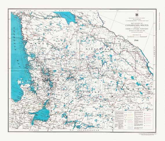 Exploration routes through the Huron and Ottawa Territory between the years 1615 - 1854 in the province of Ontario, 1946, canvas, 22x27"