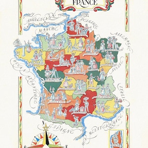 Jacques Liozu, Provinces de France, 1951 ,une carte sur toile de coton épais, 56x70cm environ