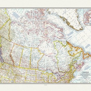 Kanada, National Geographic, 1961, stara mapa przedrukowana na trwałym płótnie bawełnianym, 50 x 70 cm lub 20 x 25 cali.