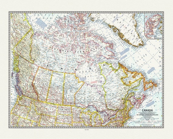 Canada, National Geographic, 1961 , vintage map reprinted on durable cotton canvas, 50 x 70 cm or 20x25" approx.