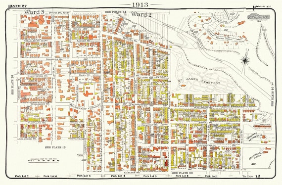 Plate 27, Toronto Central East, Cabbagetown, St. James, 1913, map on heavy cotton canvas, 20 x 30" approx.