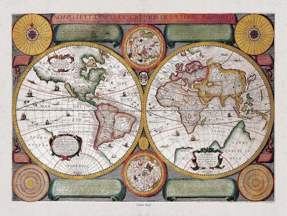 Boisseau, Nouvelle Exacte Description de la Terre Universelle, 1646 D, Map on heavy cotton canvas, 22x27in. approx.