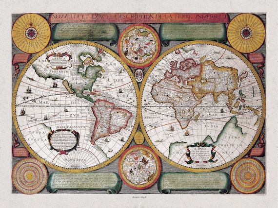 Boisseau, Nouvelle Exacte Description de la Terre Universelle, 1646 D, Map on heavy cotton canvas, 22x27in. approx.