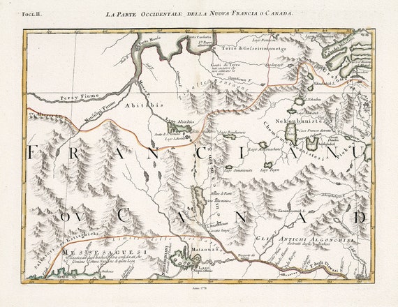 La Parte Occidentale della Nuova Francia o Canada.Fogl. II, 1778, Northern Ontario, Map on heavy cotton canvas, 22x27" approx.