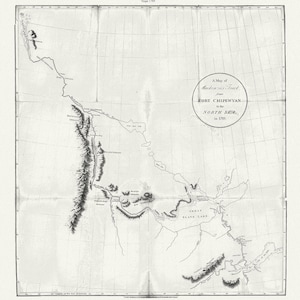 Un mapa de la trayectoria de Mackenzie desde Fort Chipewyan hasta el mar del norte en 1789, lienzo, 50 x 70 cm o 20x25" aprox.