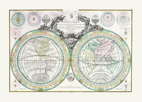 Lattre, (Jean, 1743 -1793),  Mappe-Monde Geo Spherique, 1760, Map on heavy cotton canvas, 22x27in. approx.