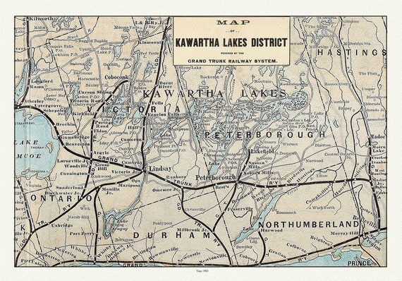 Kawartha Lake District, Grand Trunk Railway, 1903 Ver. II, map on durable cotton canvas, 50 x 70 cm, 20 x 25" approx.