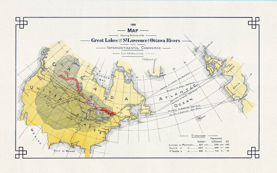 Great Lakes St. Lawrence, Ottawa Rivers and InterContinental Commerce, 1880, map on heavy cotton canvas, 50x70cm (20 x 25") approx.