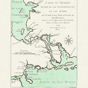 Bellin, Carte du Detroit przez Lac Superieur i Huron, przez Sault Ste. Marie, 1744, mapa na grubym płótnie bawełnianym, wymiary ok. 22 x 27 cali.