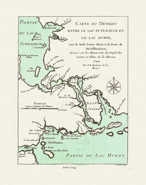 Bellin, Carte du Detroit entre le Lac Superieur et Huron, avec le Sault Ste. Marie, 1744, map on heavy cotton canvas, 22x27" approx.