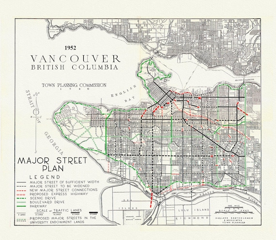 Vancouver, Major Street Plan, 1952 , map on heavy cotton canvas, 45 x 65 cm, 18 x 24" approx.