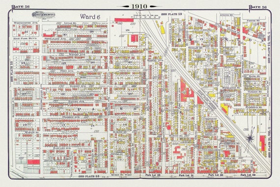 Plate 56, Toronto West, High Park East, Parkdale & Brockton, 1910 , map on heavy cotton canvas, 20 x 30" approx.