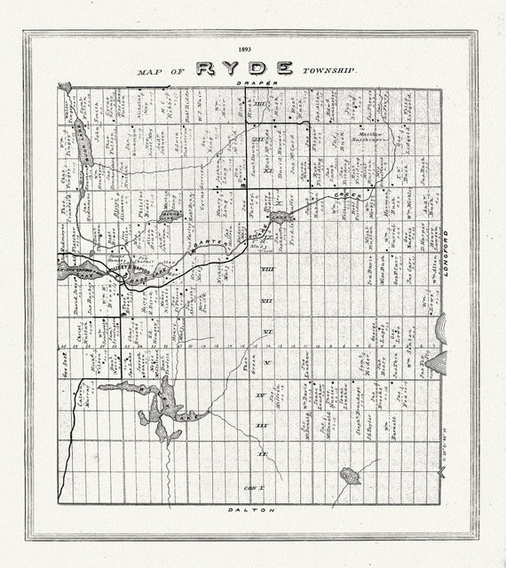 Muskoka-Haliburton, Ryde Township, 1893, map on heavy cotton canvas, 20 x 25" approx.