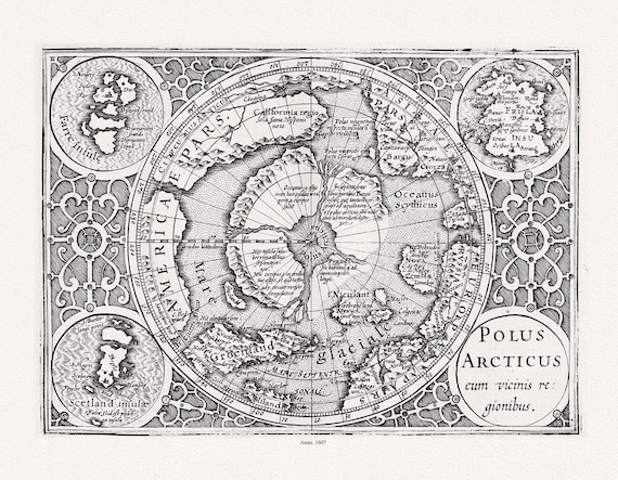 Mercator et Hondius, Polus Arcticus cum vicinis regionibus, 1607, Map printed on to heavy cotton canvas, 22x27in. approx.