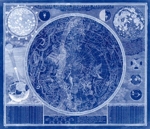 Allard, Planisphaerii coelestis hemisphaerium meridionale  calculatum ad finem, pro aevo XVIII praesente, Cyanotype, 1700, canvas 22x27"