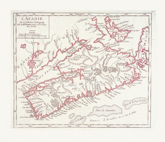 L'Acadie ,1769 Vaugondy auth., map on durable cotton canvas, 50 x 70 cm, 20 x 25" approx.