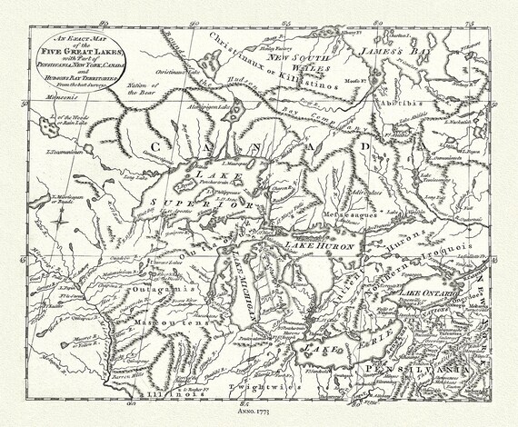 The 5 Great Lakes, Pincus auth.,1777, map on durable cotton canvas, 50 x 70 cm, 20 x 25" approx.