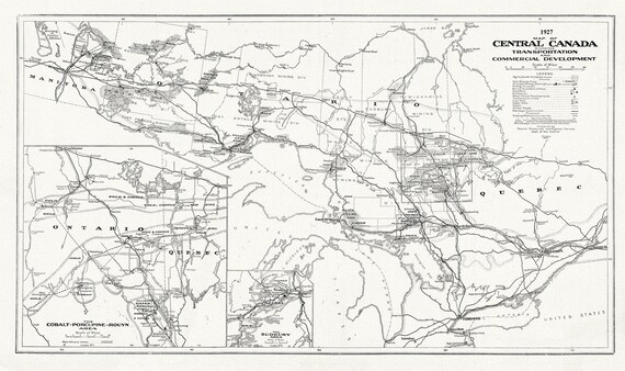 Map of Central Canada Showing Transportation and Commercial Development, 1927, map on heavy cotton canvas, 50 x 70cm, 20 x 25" approx.