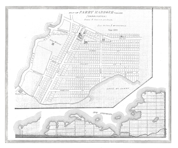 Muskoka-Haliburton, Parry Harbour Village, 1893, map on heavy cotton canvas, 20 x 25" approx.