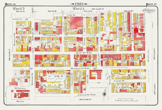 Plate 18, Toronto Downtown West, Queen St. & Spadina Ave., 1923, Map on heavy cotton canvas, 18x27in. approx.